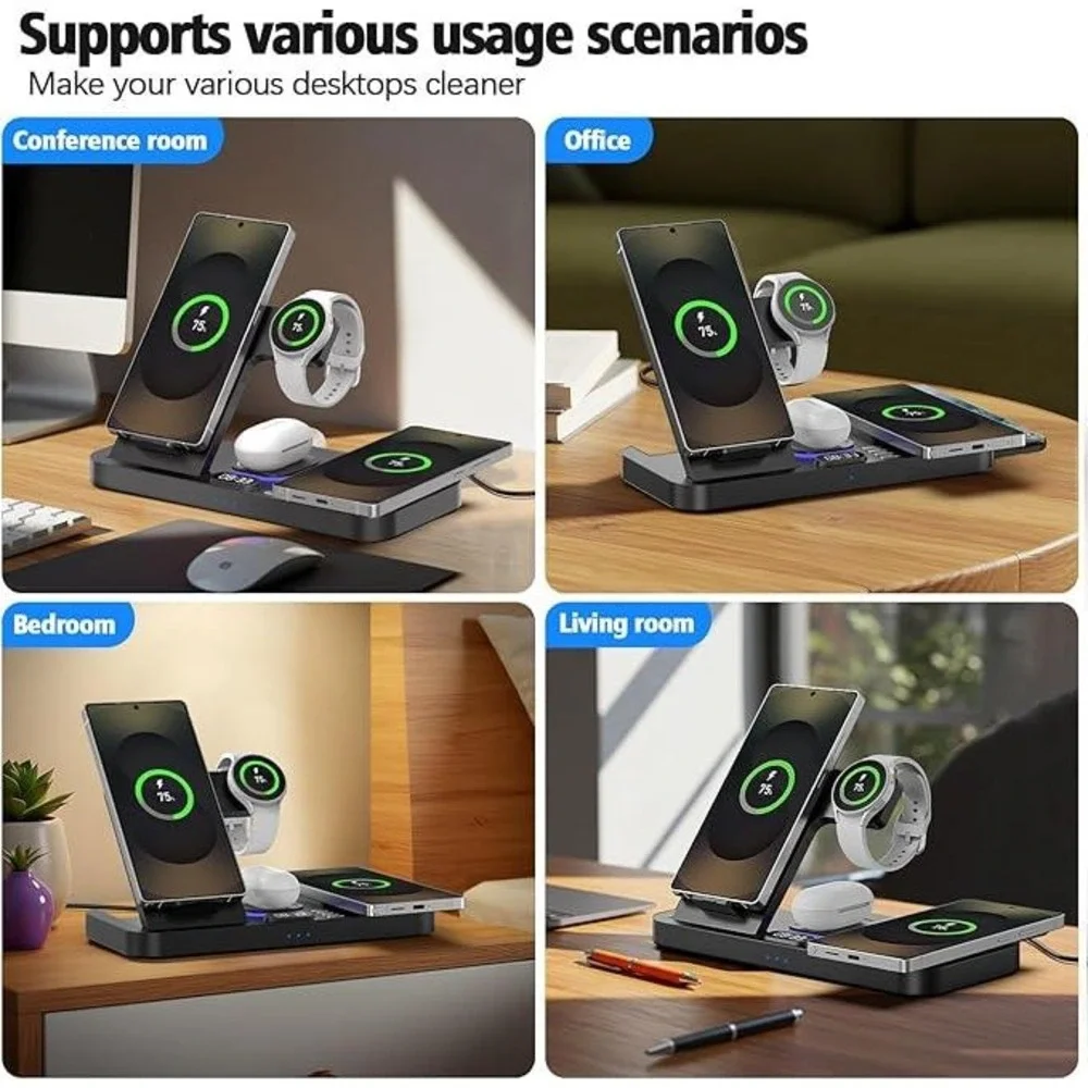 6-in-1‎ Magnetic Wireless Charging Station 30W Fast Charger Clock Night Light